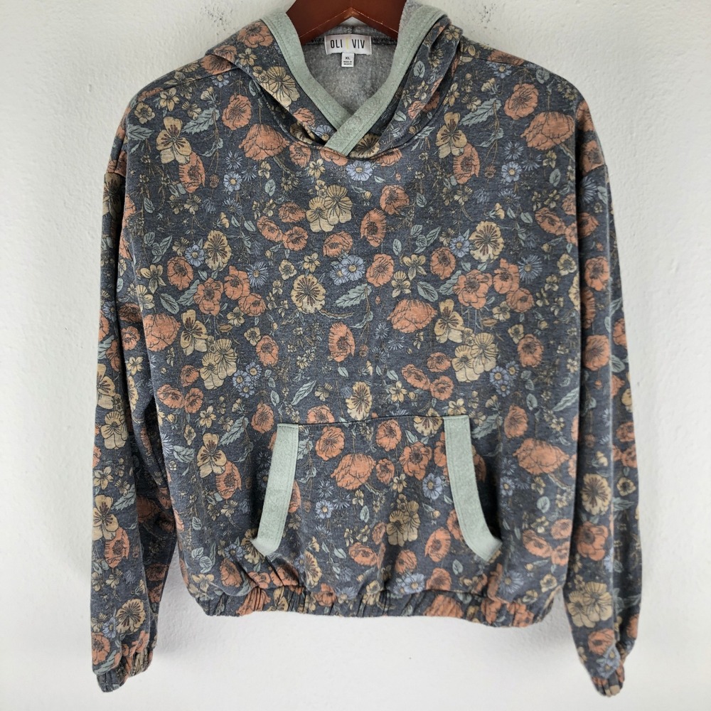 Oli & Viv XL Floral Fleece Hoodie Crop Pullover Boho Prairie Woodland Mori Kei